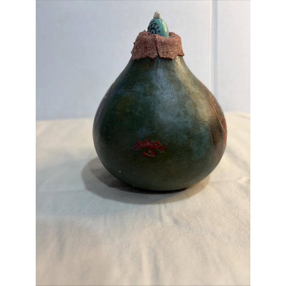 Vintage Signed Kokopelli Gourd Oil Lamp 1999 Southwestern Folk Art 4